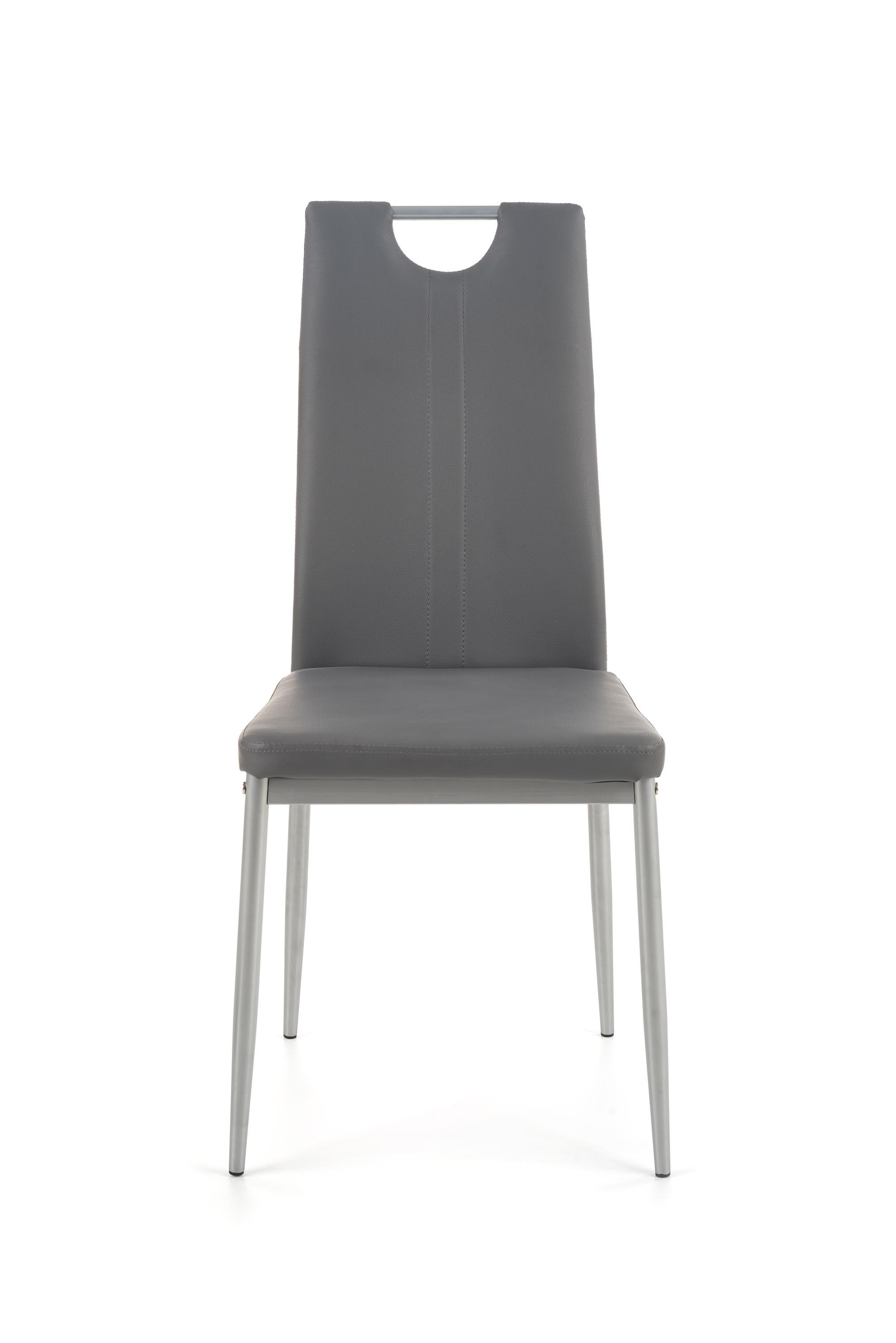 Widok z przodu krzesła K202 z popielatej eko-skóry i metalowymi nogami.