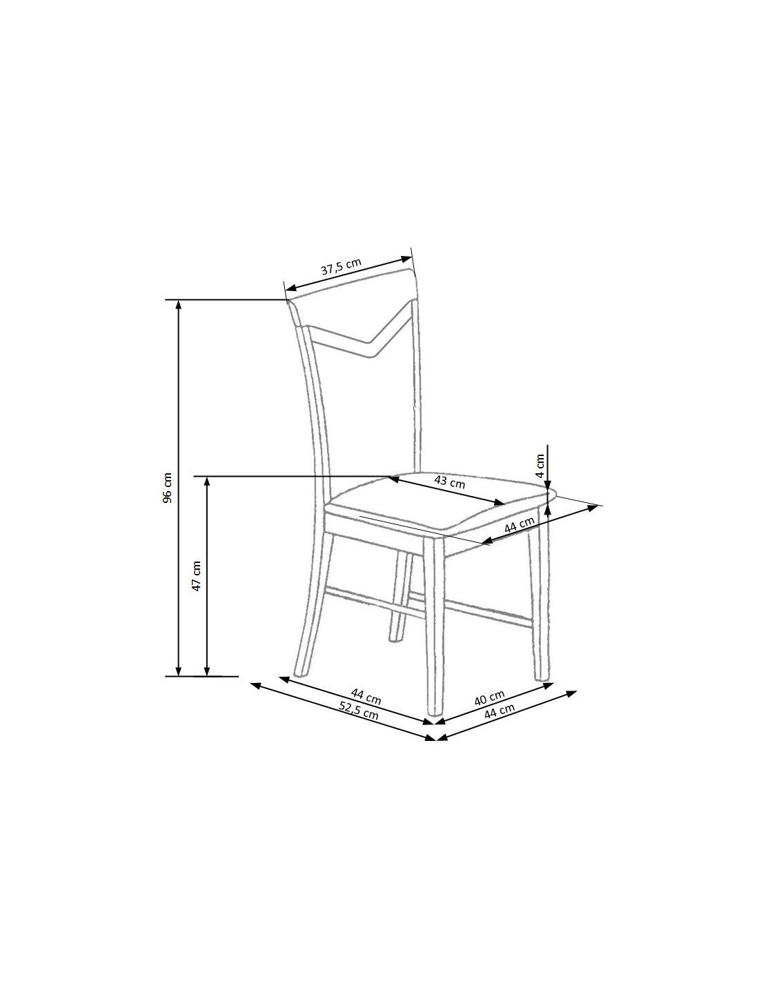 Wymiarowanie krzesła CITRONE w kolorze dąb miodowy z szarym tapicerowanym siedziskiem – widok z boku.