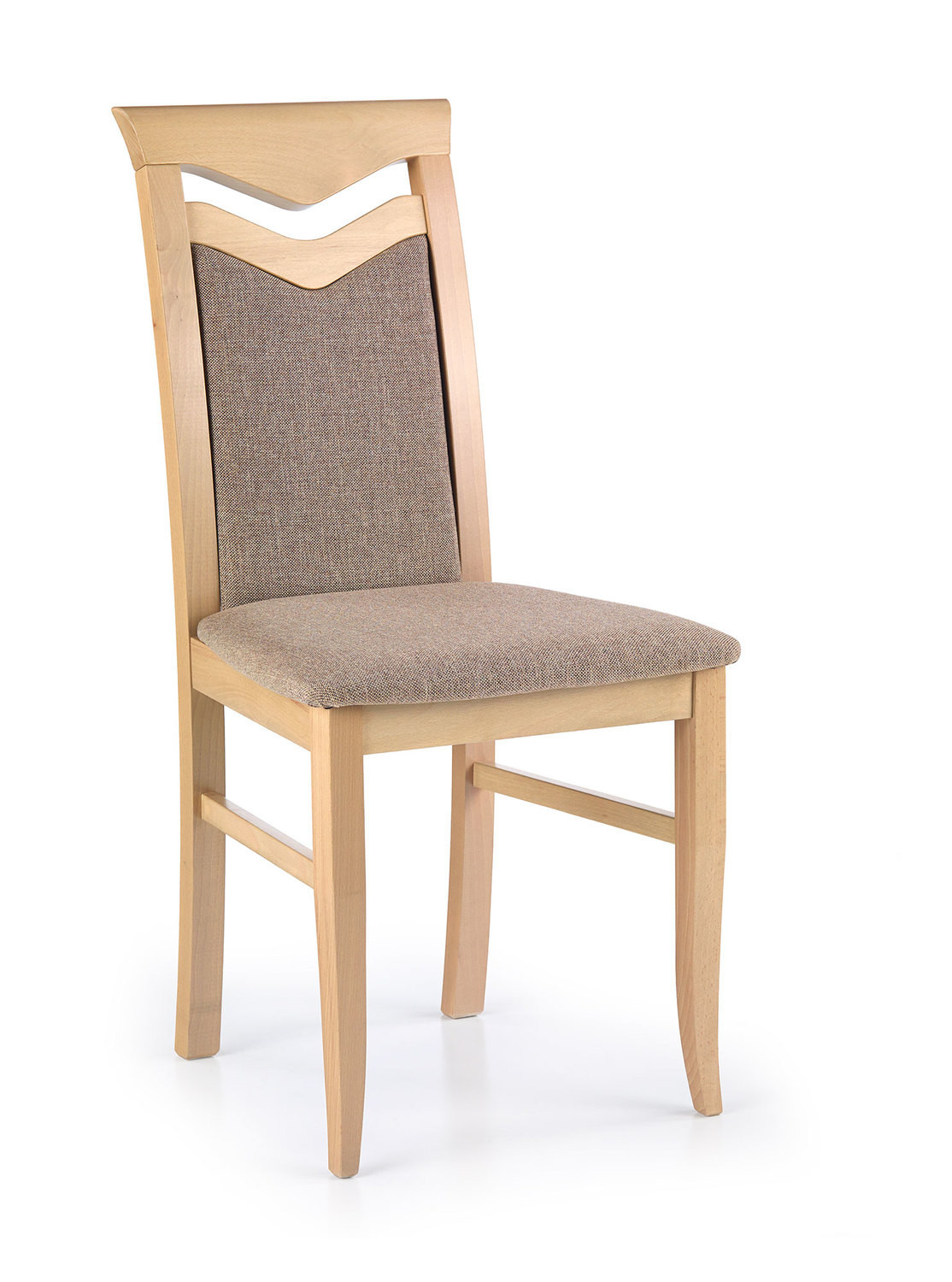 Przedni widok drewnianego krzesła CITRONE w kolorze dąb sonoma z tapicerowanym oparciem i siedziskiem.