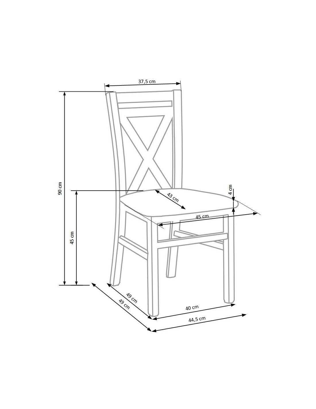 Wymiarowanie krzesła DARIUSZ 2 z drewna MDF w kolorze dębu miodowego – widok z przodu.
