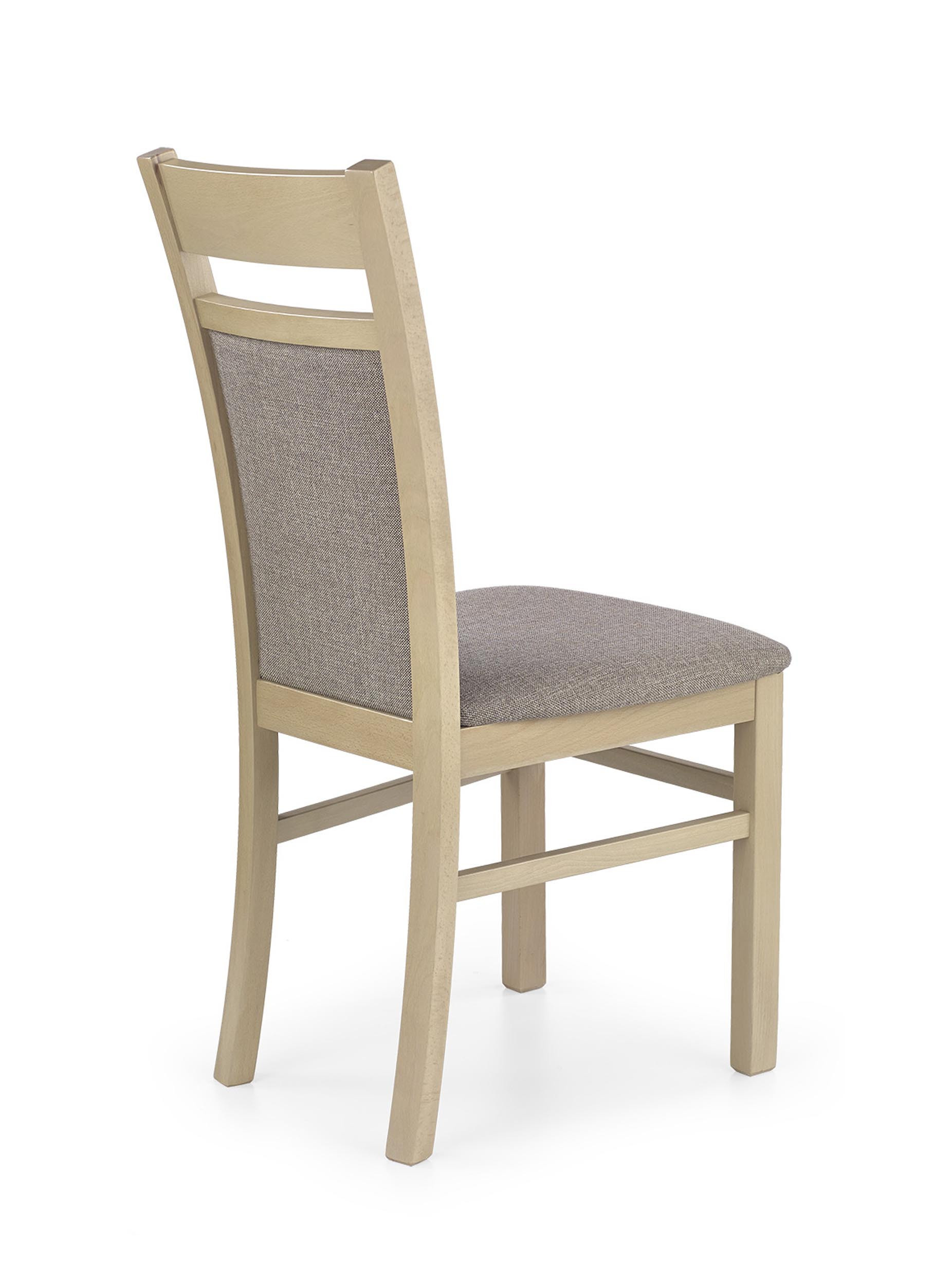 Tylny widok krzesła GERARD 2 z drewna dębowego Sonoma z tapicerowanym oparciem.