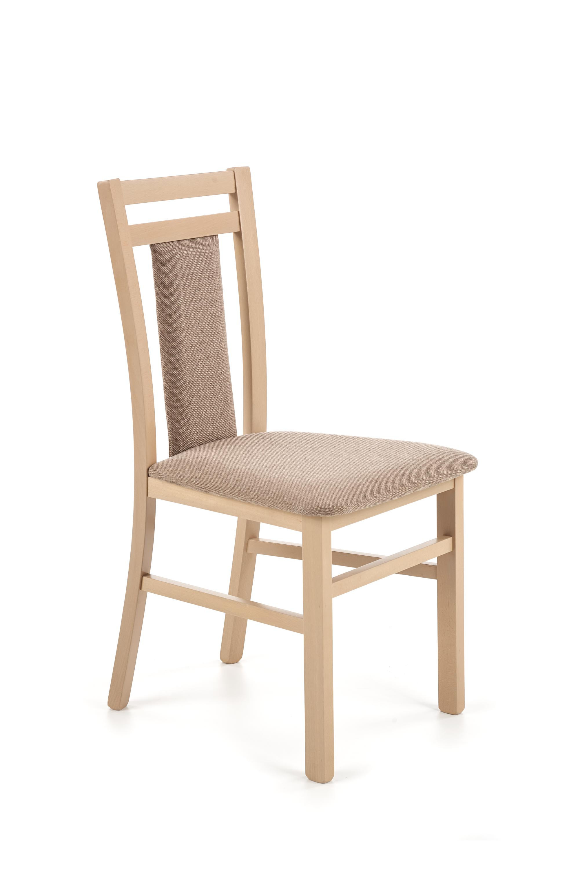 Zdjęcie z boku drewnianego krzesła HUBERT 8 w kolorze dąb sonoma z tapicerowanym siedziskiem i oparciem.