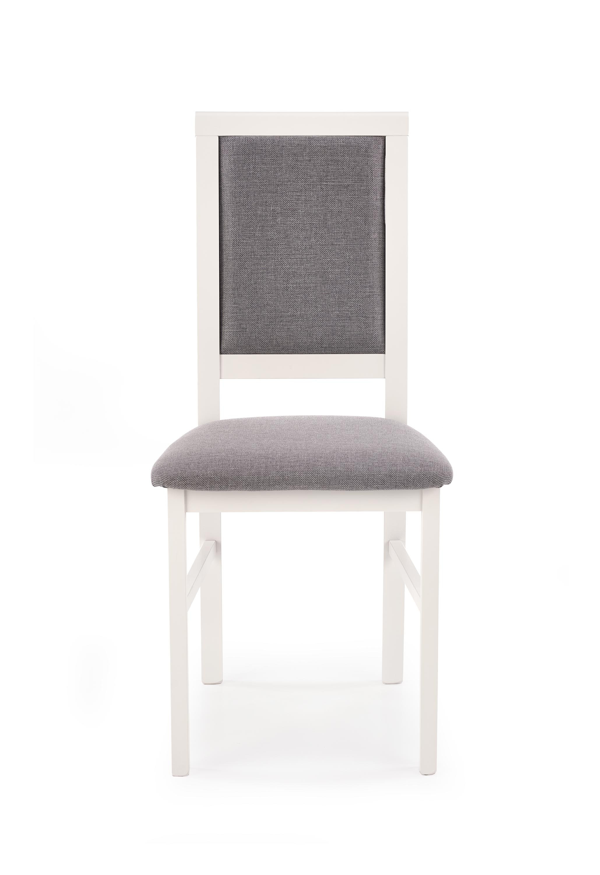 Przedni widok białego krzesła SYLWEK z szarym tapicerowanym siedziskiem i oparciem.
