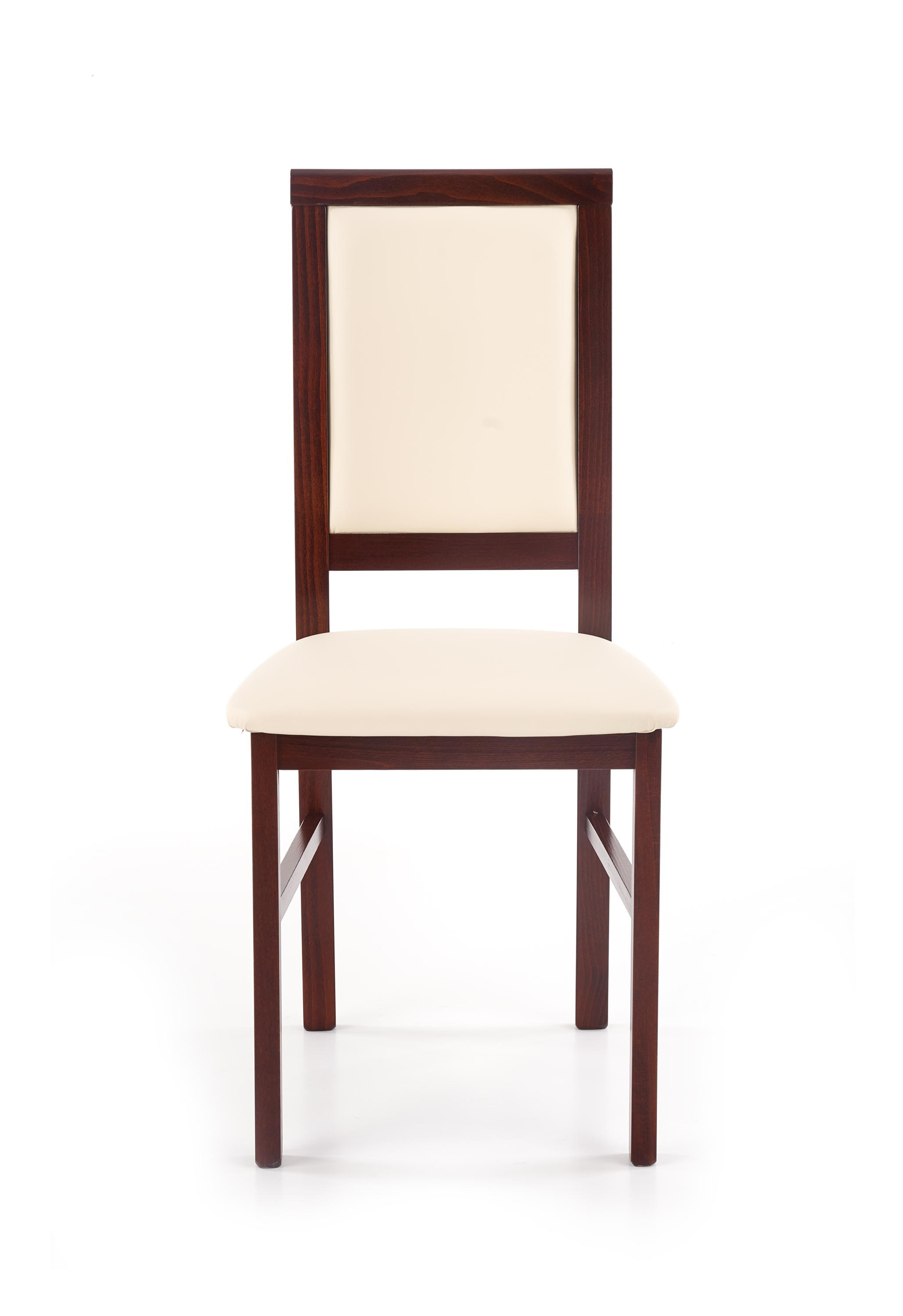 Krzesło SYLWEK 1 z ciemnego orzecha z beżowym tapicerowanym siedzeniem i oparciem – widok z przodu.