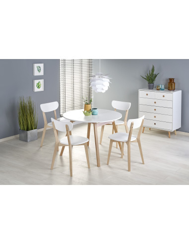 RUBEN Stół Okrągły Rozkładany Fi102-142cm Biały Mat/Dąb Miodowy