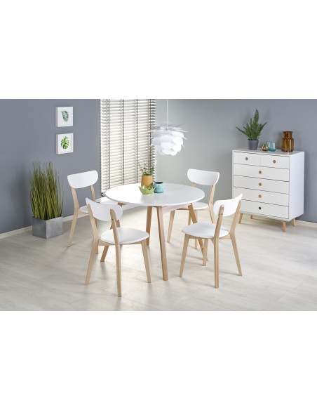 RUBEN Stół Okrągły Rozkładany Fi102-142cm Biały Mat/Dąb Miodowy