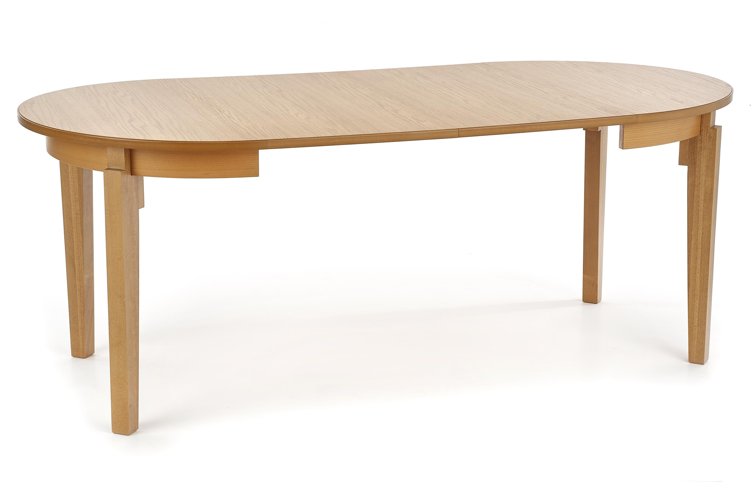 Owalny stół SORBUS z dębu miodowego – widok z przodu.