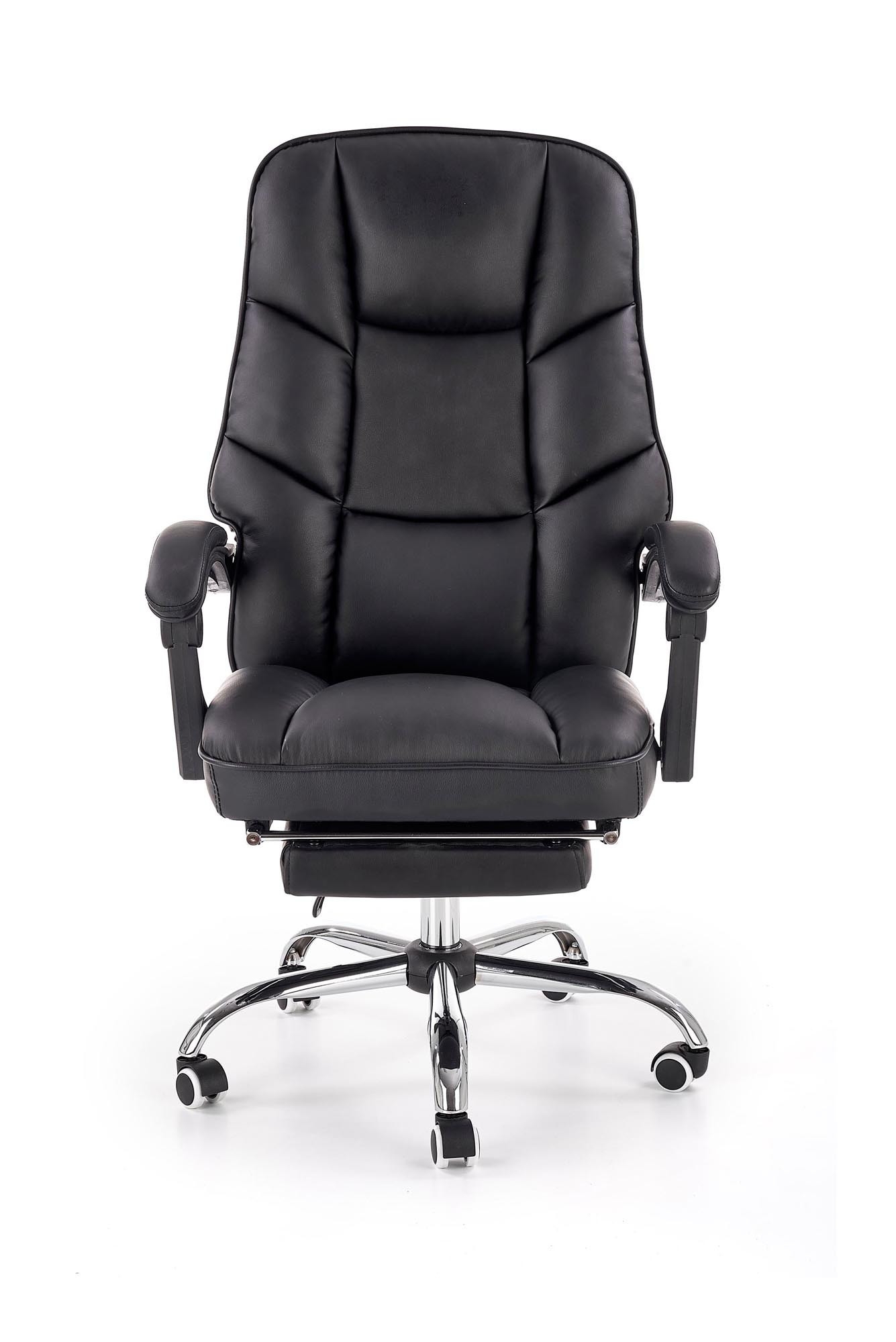 Czarny fotel gabinetowy ALVIN z eco skóry i podnóżkiem – widok z przodu.