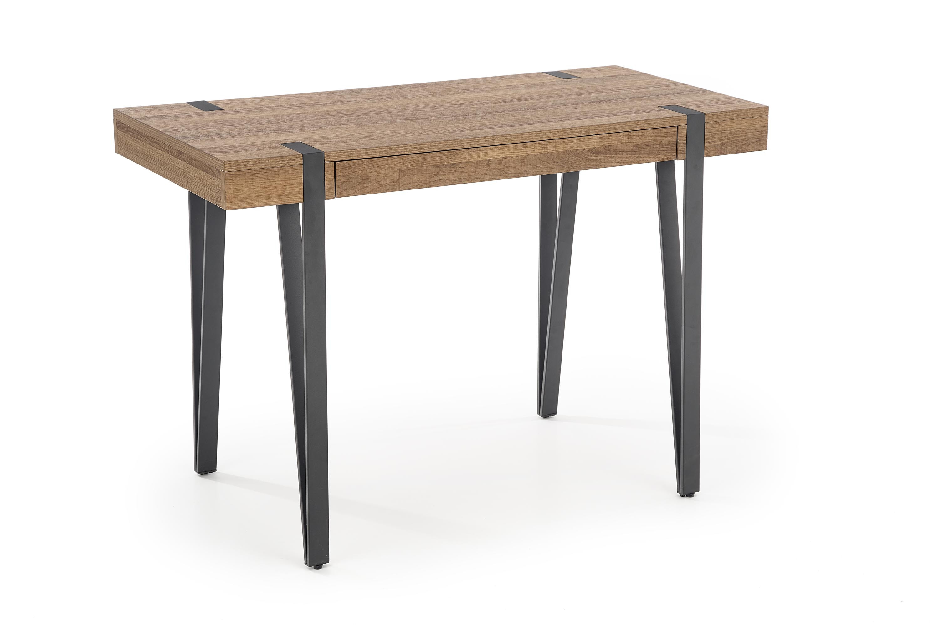 Biurko B39 z szufladą, orzech miodowy i czarne nogi – widok z przodu.