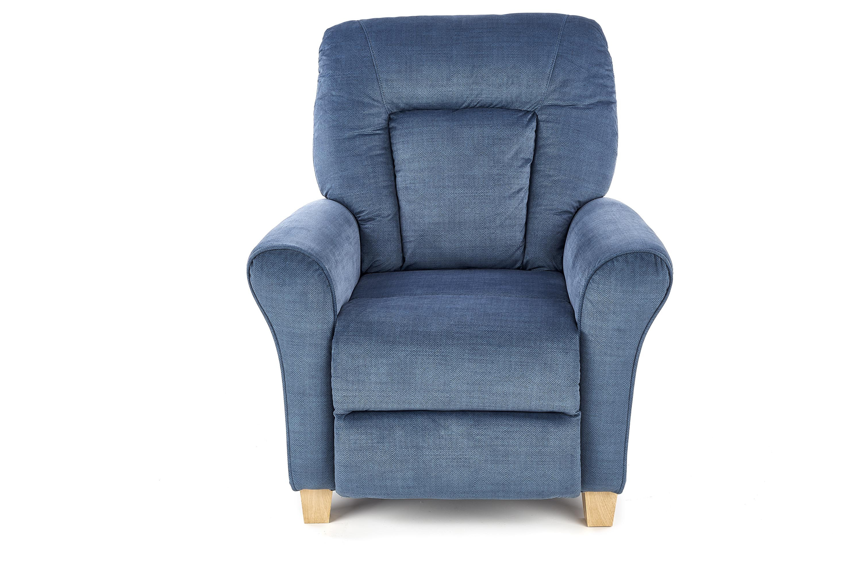 Fotel wypoczynkowy BARD w ciemnoniebieskiej tkaninie – widok z przodu.