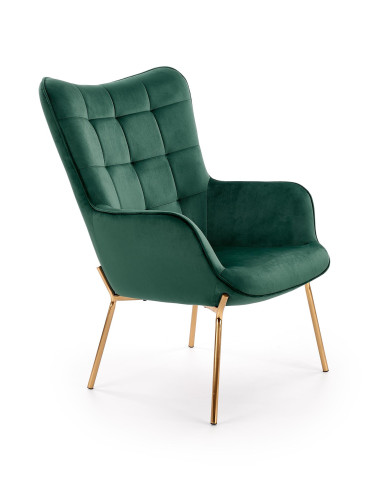 CASTEL Fotel Wypoczynkowy Pikowany Ciemnozielony | Velvet ze Złotymi Nogami