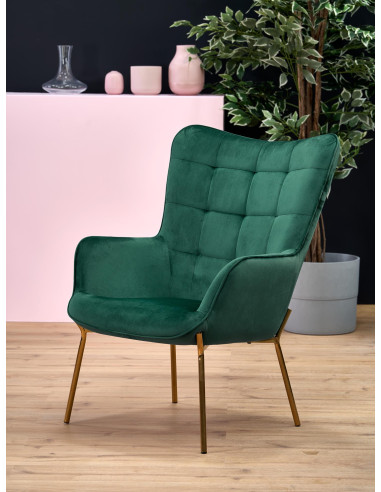 CASTEL Fotel Wypoczynkowy Pikowany Ciemnozielony | Velvet ze Złotymi Nogami