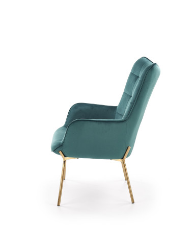 CASTEL Fotel Wypoczynkowy Pikowany Ciemnozielony | Velvet ze Złotymi Nogami