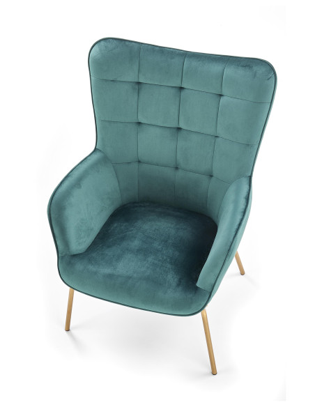 CASTEL Fotel Wypoczynkowy Pikowany Ciemnozielony | Velvet ze Złotymi Nogami