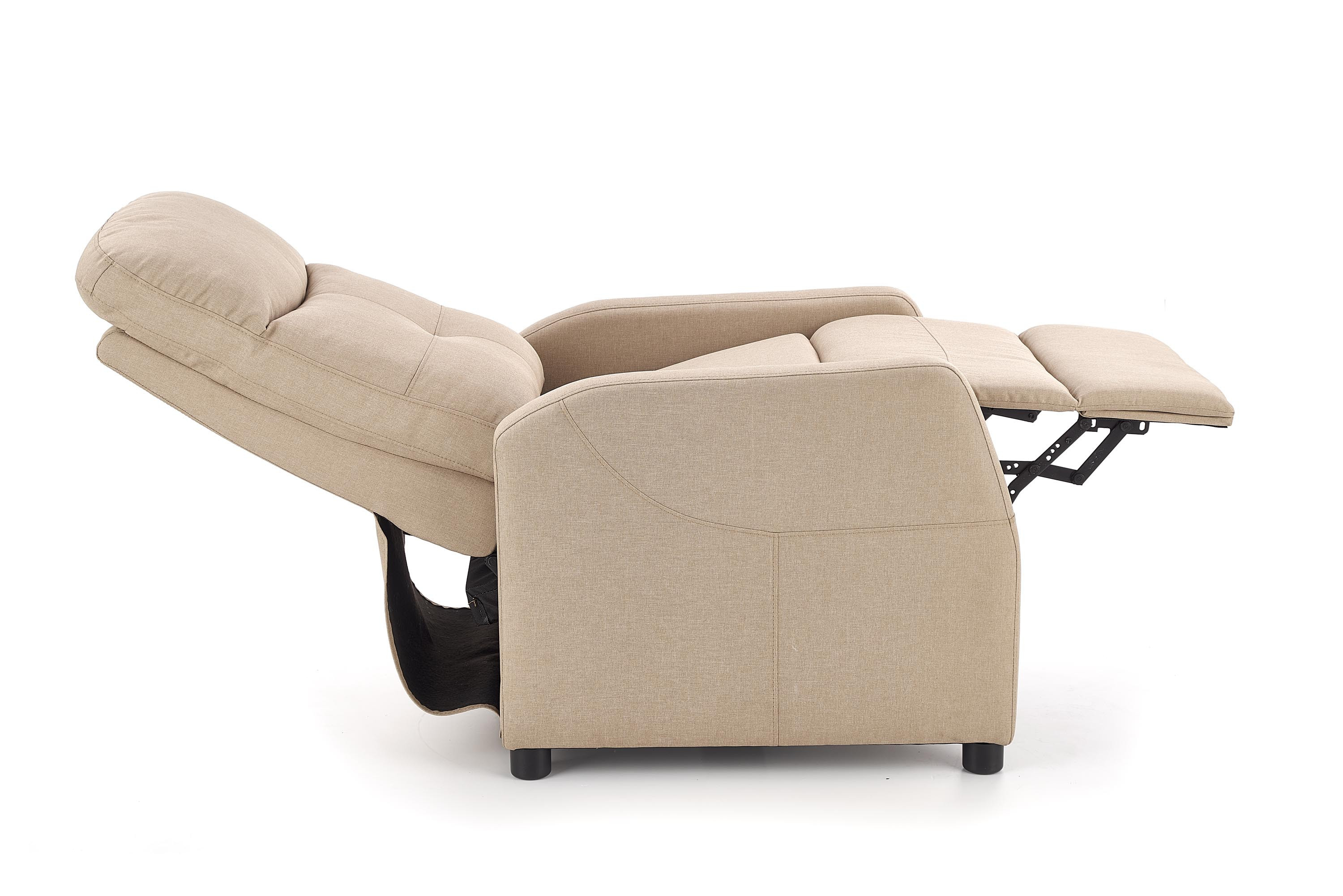 Boczny widok rozkładanego fotela FELIPE w beżowym kolorze.