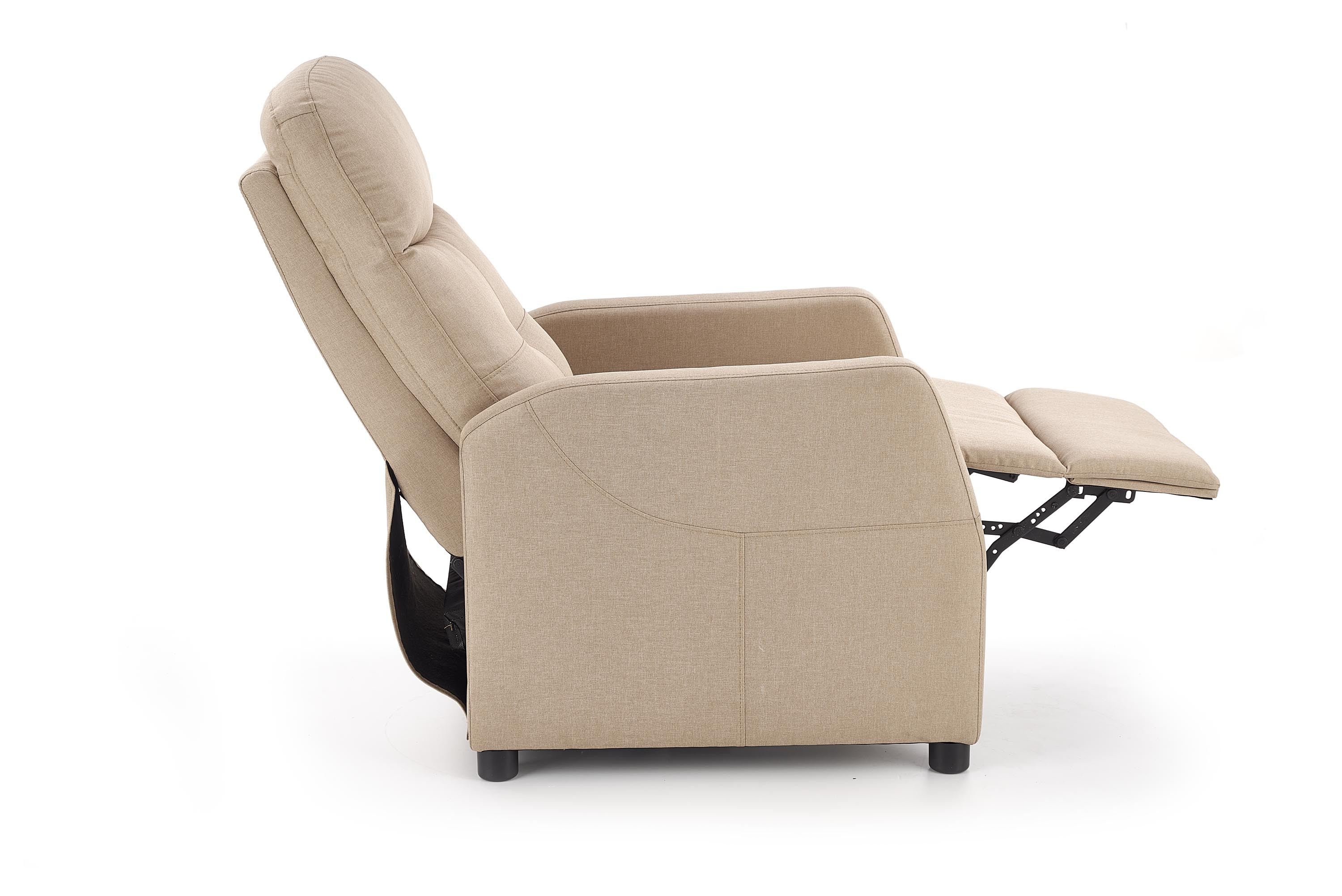 Beżowy fotel FELIPE w pozycji rozłożonej – widok z boku.