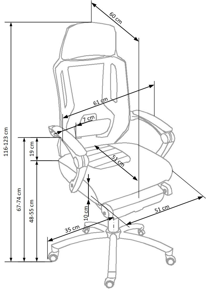 Wymiarowanie czarno-popielatego fotela biurowego FREEMAN z podnóżkiem – widok z przodu.