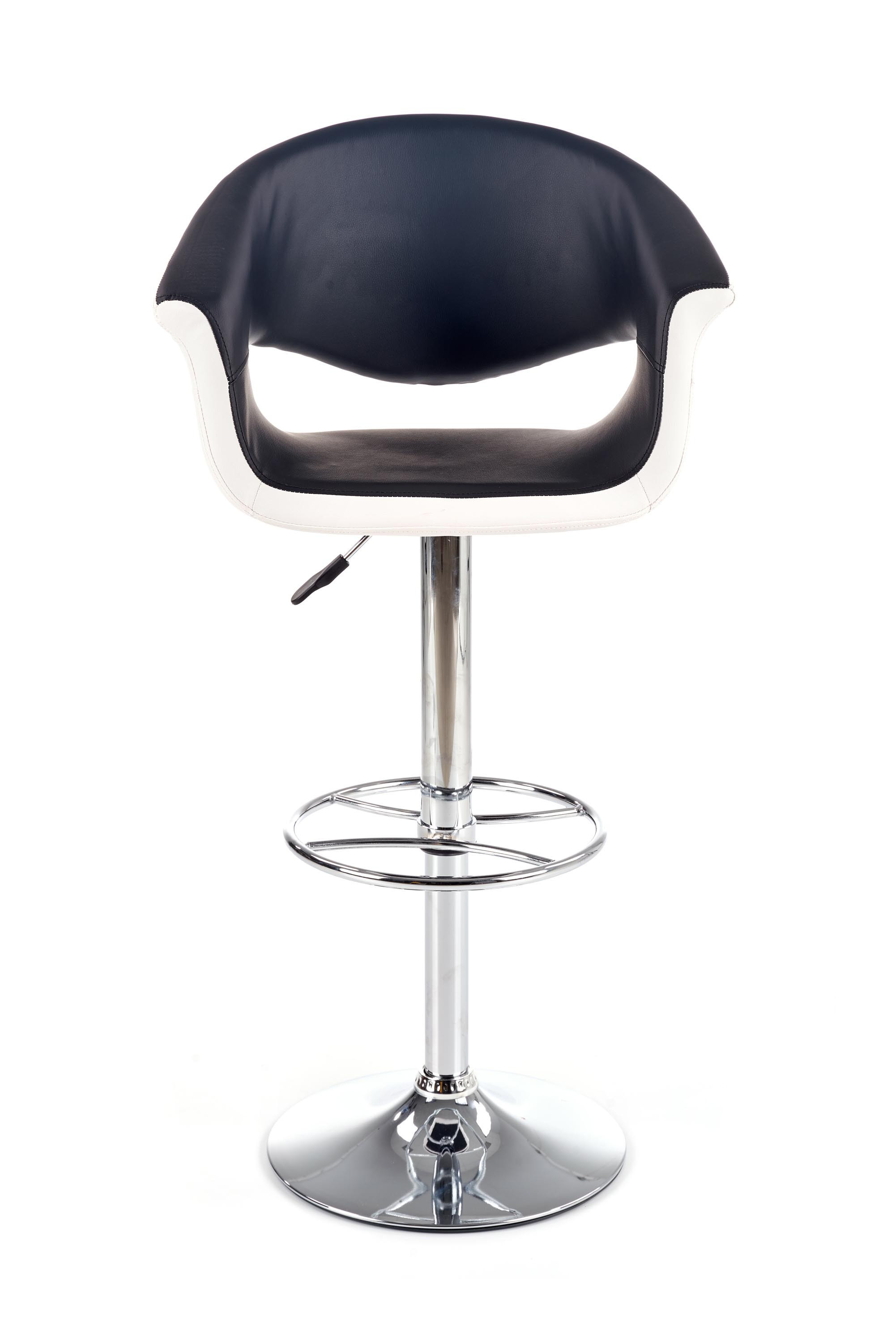 Widok z przodu kontrastowego hokera H46 z czarnej i białej eko skóry na chromowanej podstawie.