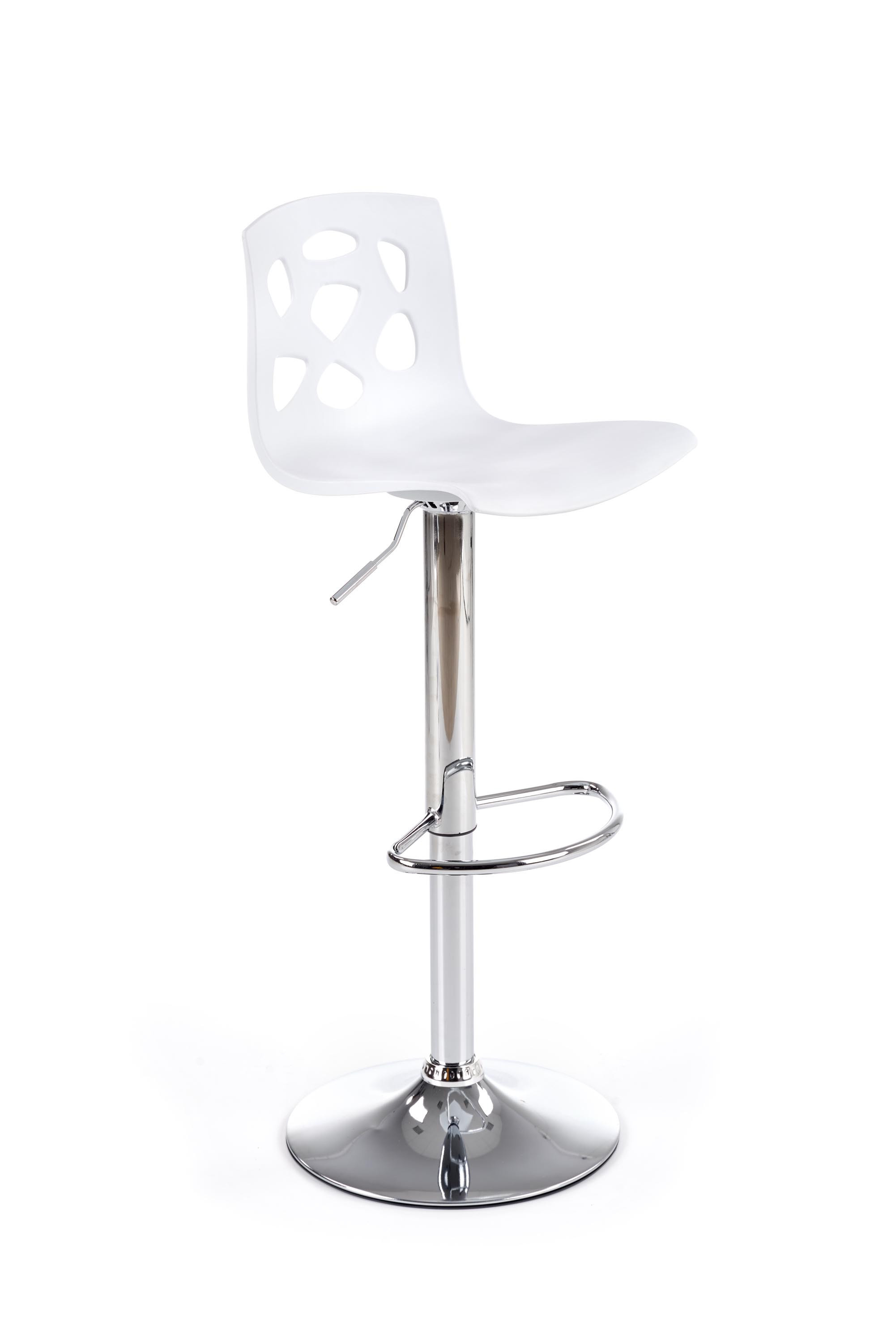 Hoker H48 biały z metalową podstawą i wycięciami w oparciu – widok z przodu.