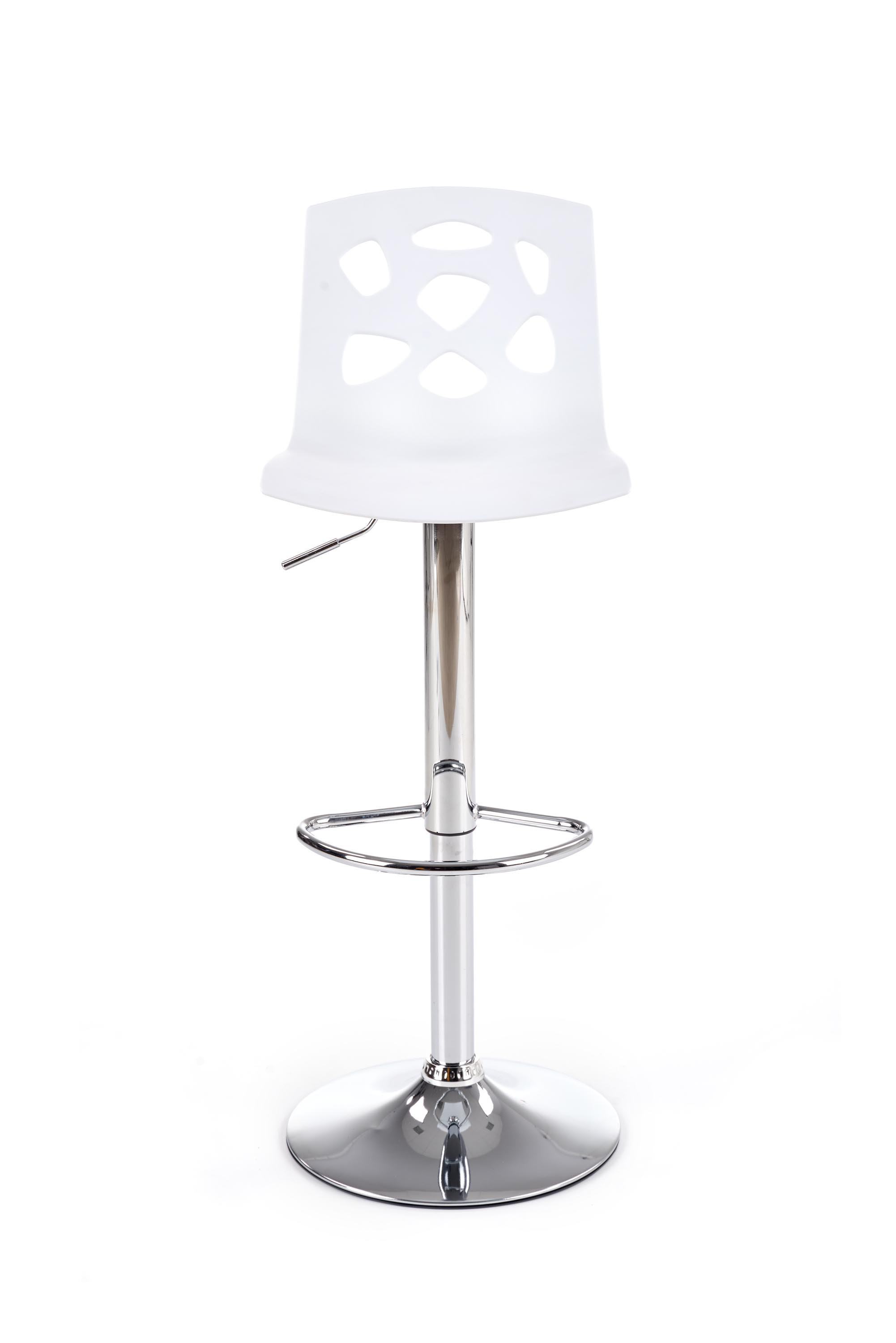 Hoker H48 biały z wycięciami w oparciu i chromowaną podstawą – widok z przodu.