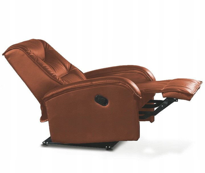 JEFF fotel rozkładany z brązowej eco skóry, w pozycji rozłożonej – zdjęcie z boku.