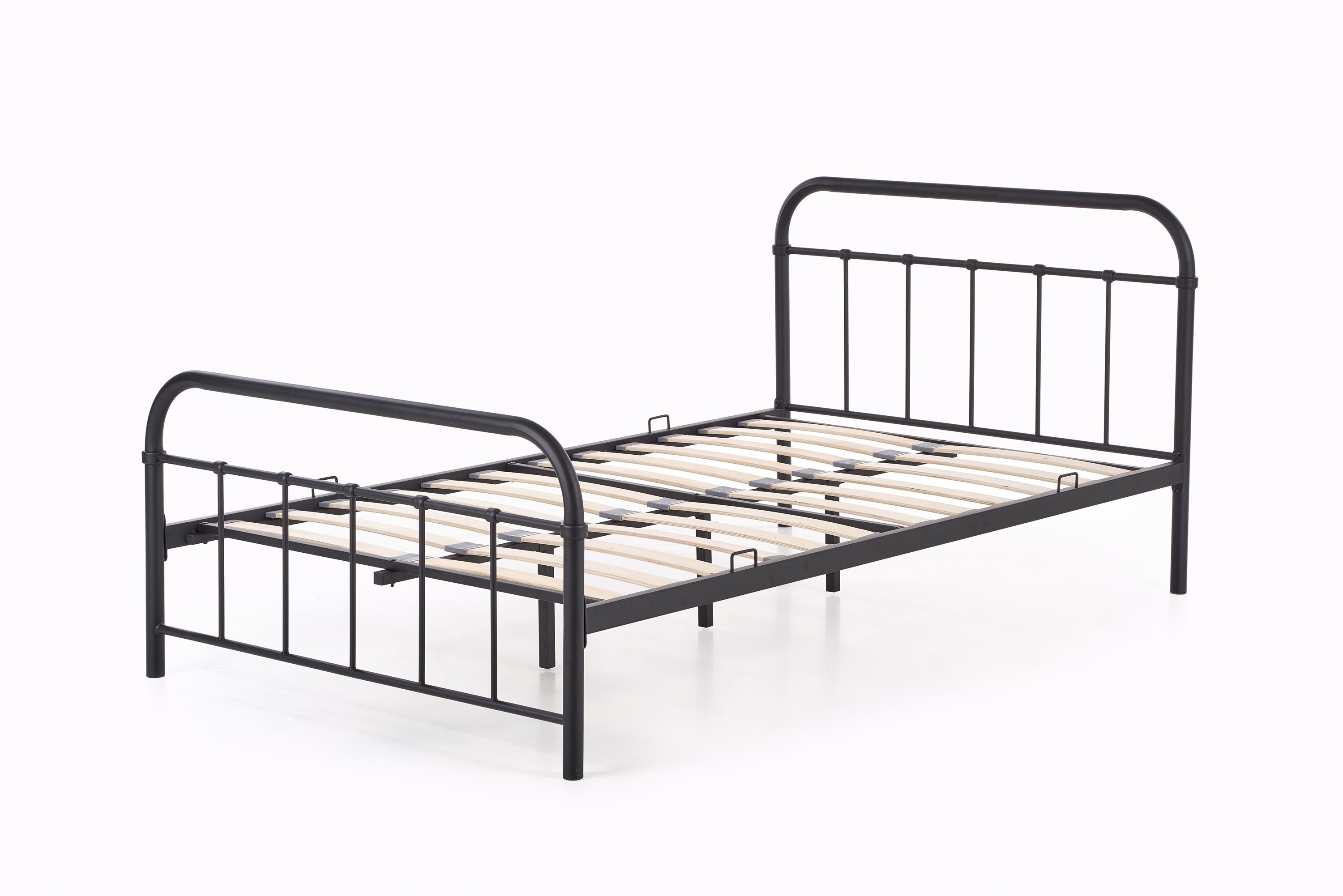 Wymiarowanie eleganckiego czarnego łóżka LINDA 120 cm – widok z boku.