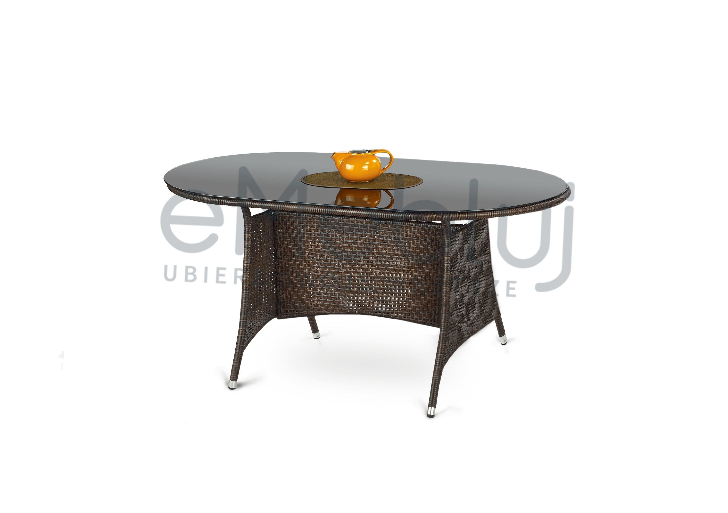 Szklany stół ogrodowy MASTER z ciemnego brązowego rattanu – widok z przodu.
