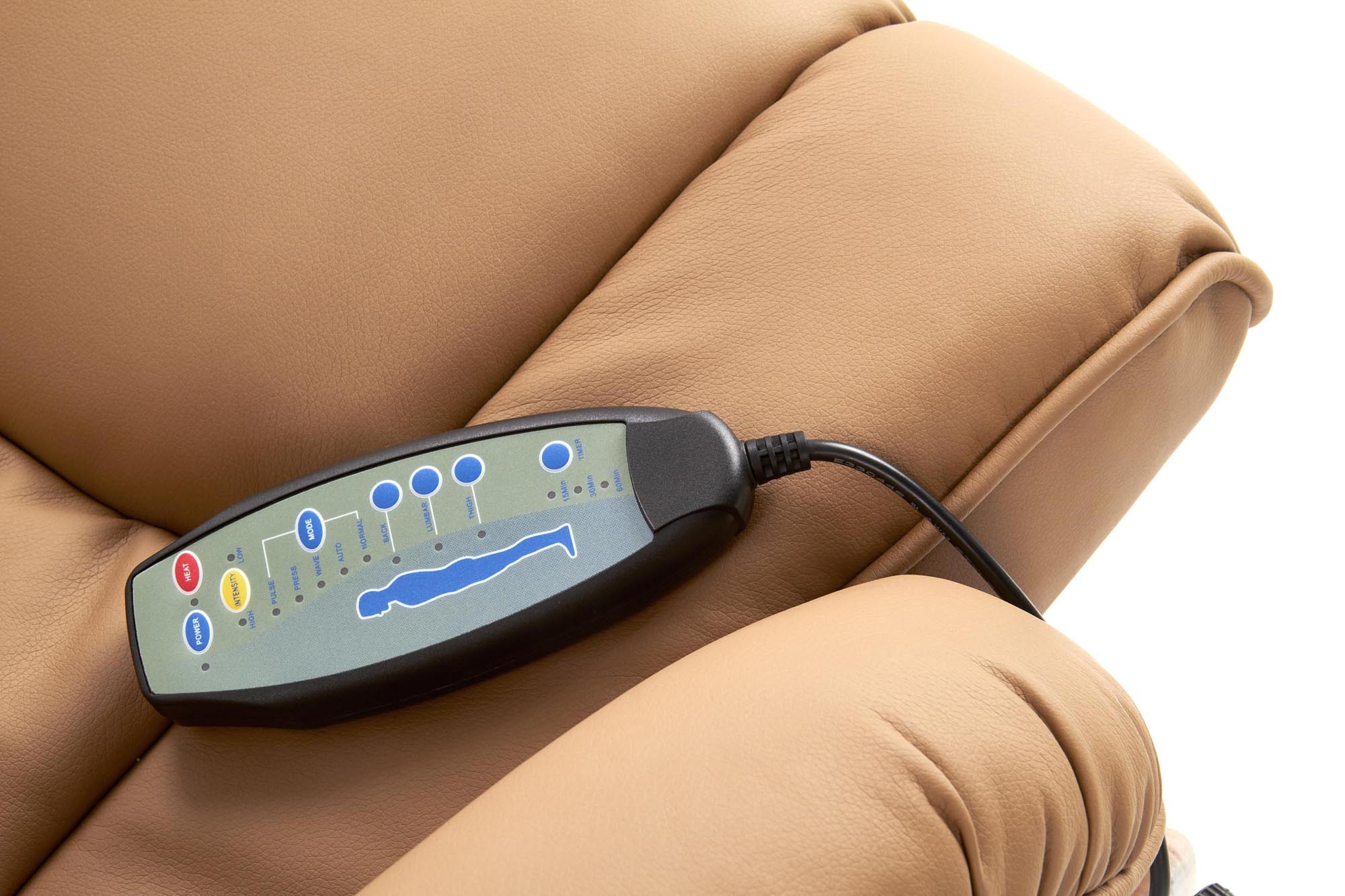 Zbliżenie na panel sterowania beżowego fotela MATADOR z funkcją masażu.