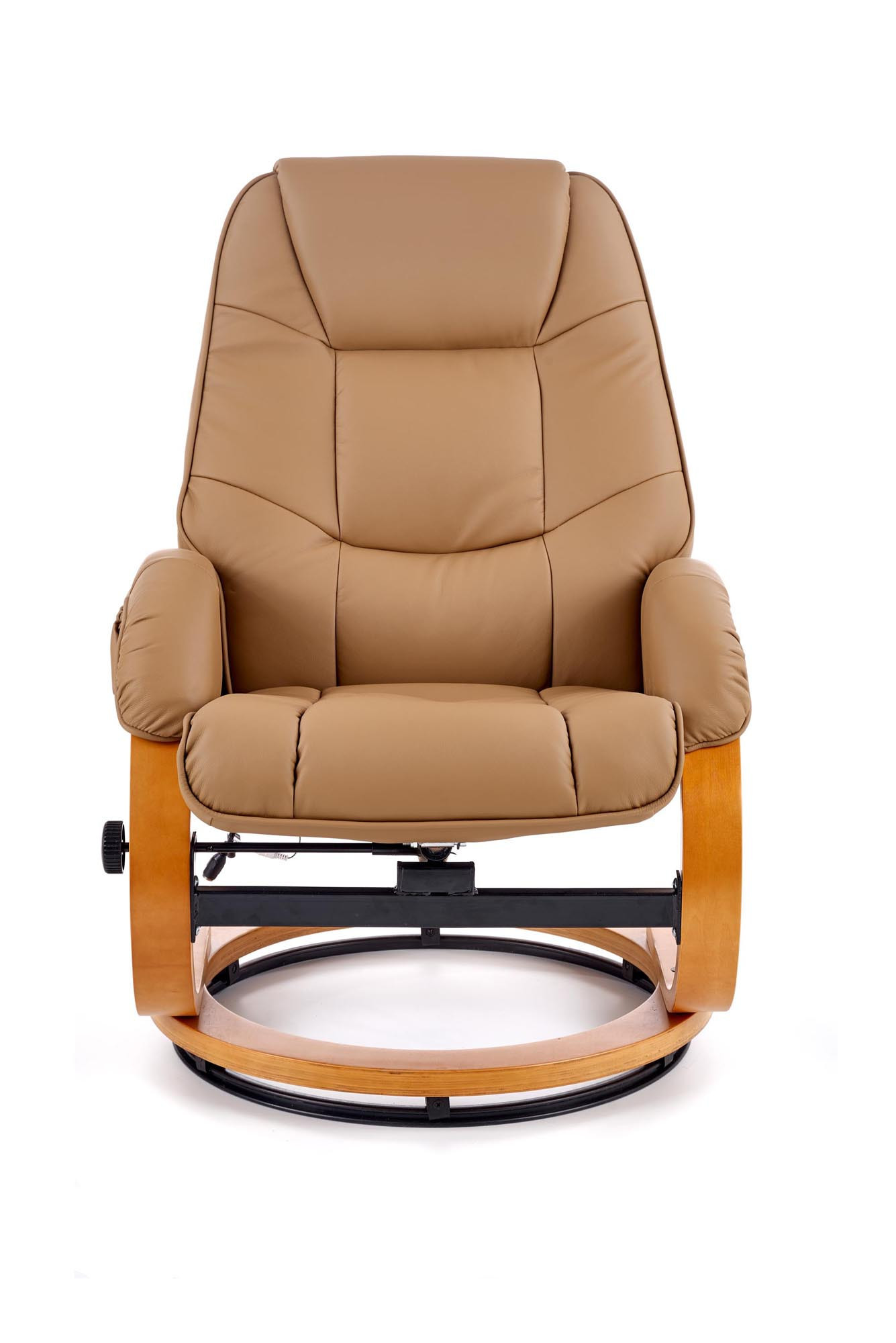 Przedni widok beżowego fotela MATADOR z funkcją masażu i podnóżkiem.