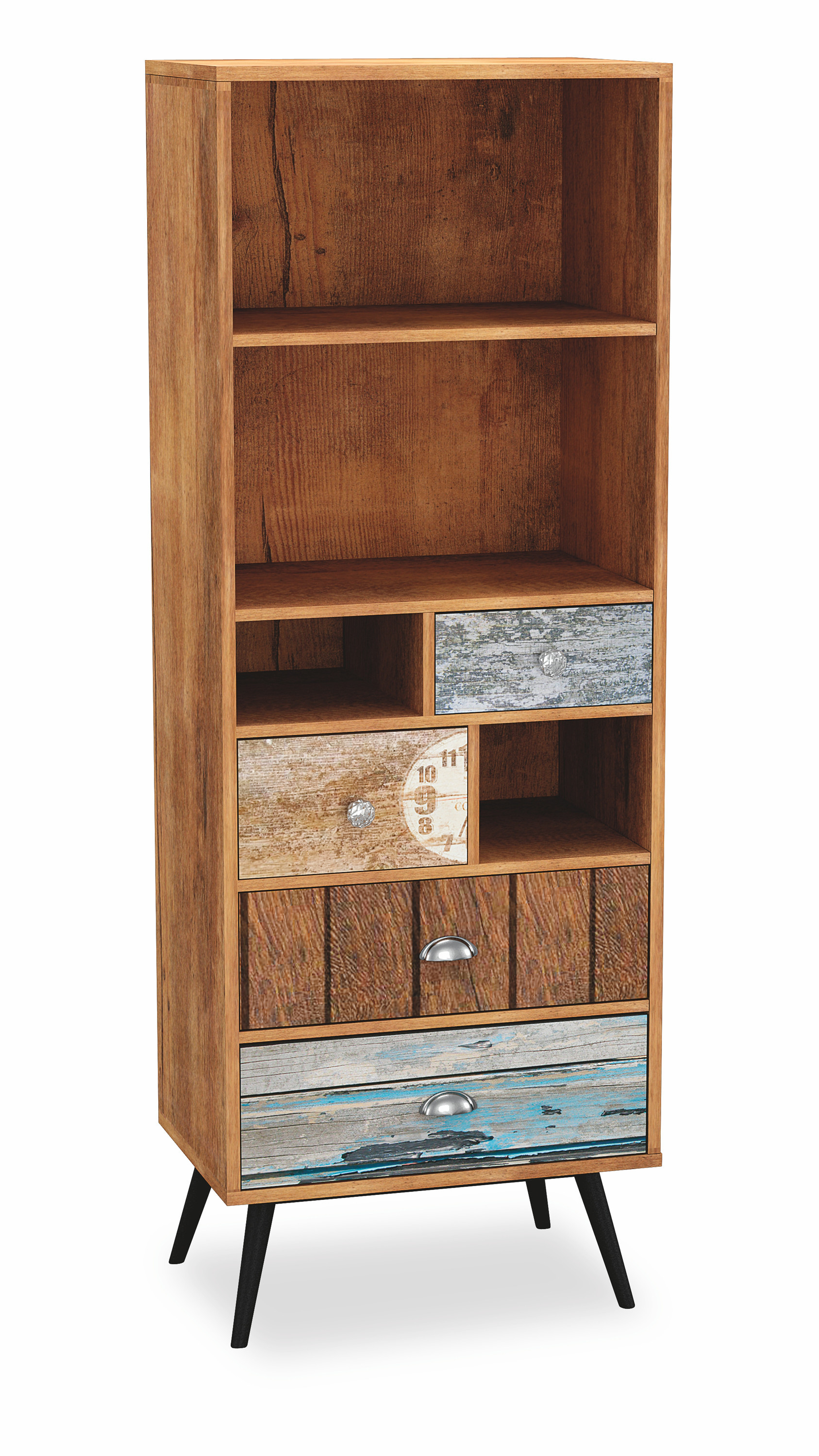 Regał MEZO z szufladami i półkami w wielobarwnym wykończeniu – widok z przodu.