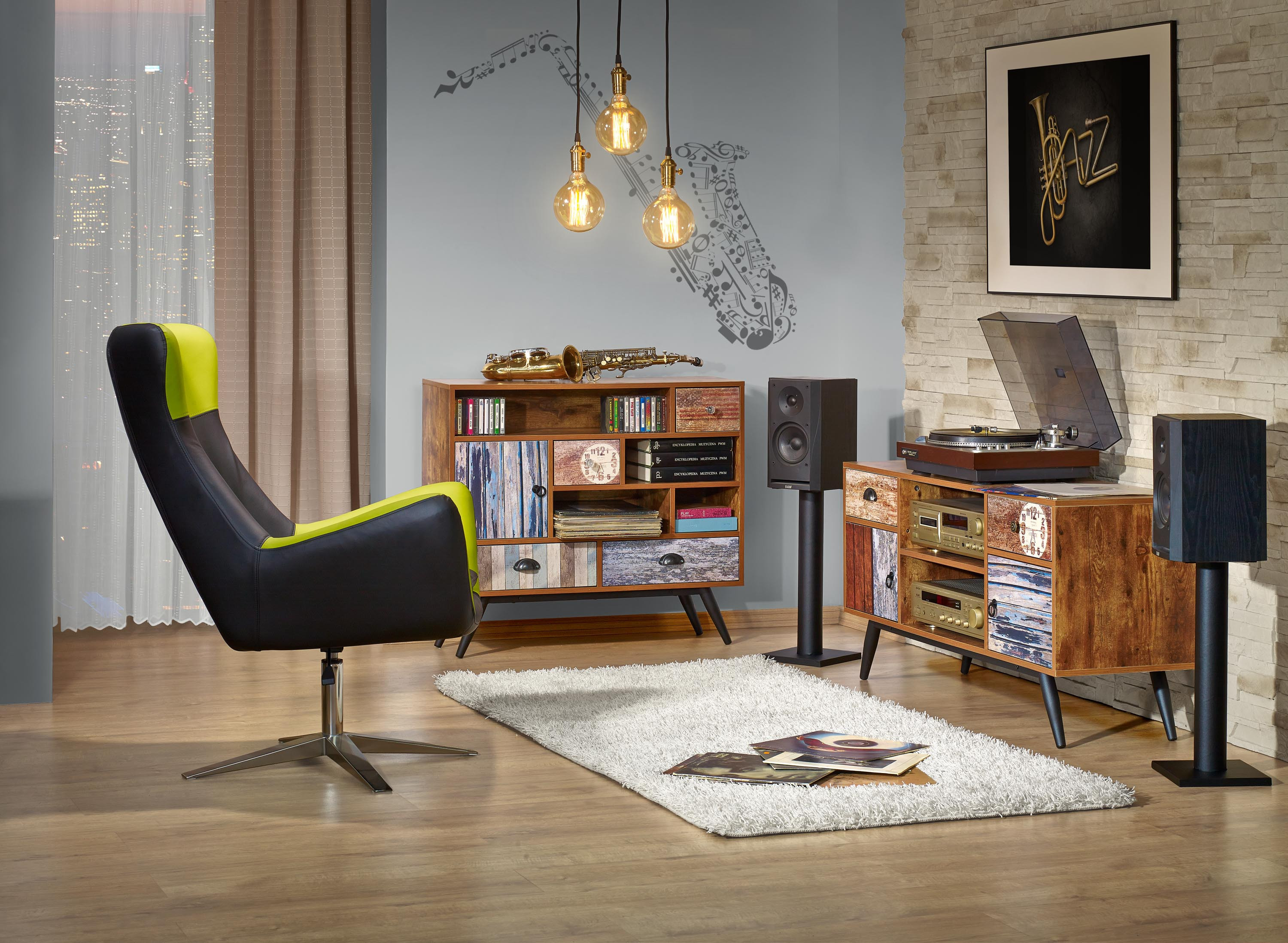 Regał MEZO z szufladami i półkami w wielobarwnym wykończeniu – widok z przodu w stylowym salonie.