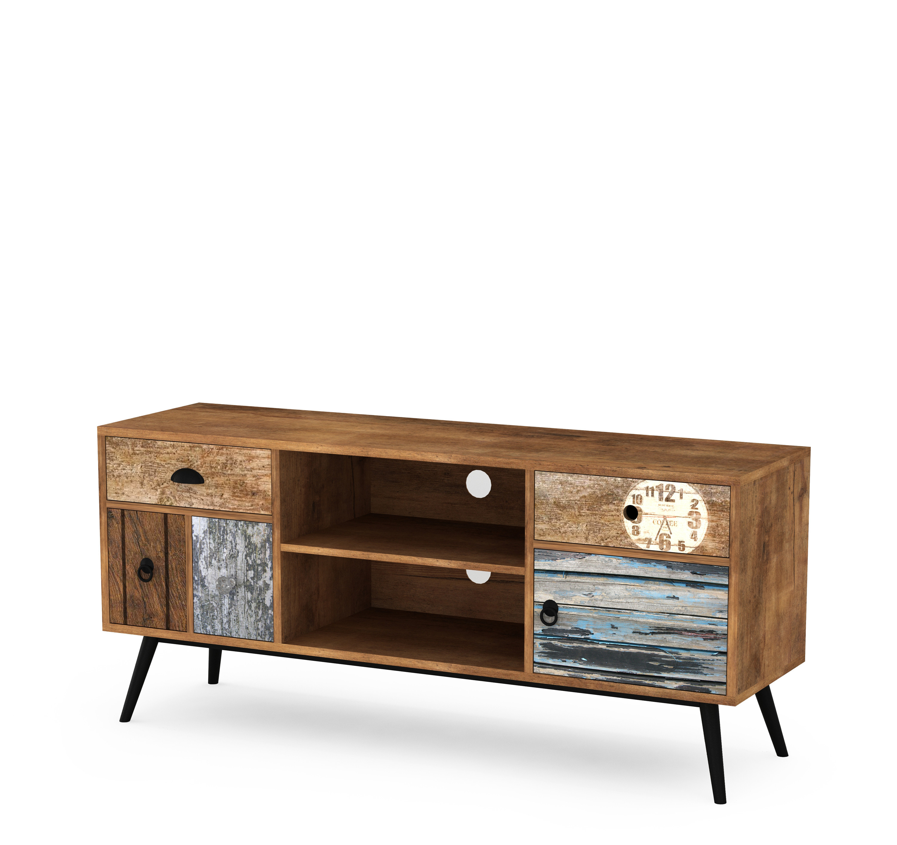 Komoda RTV MEZO z szufladami i półkami, wielobarwna – widok z przodu.