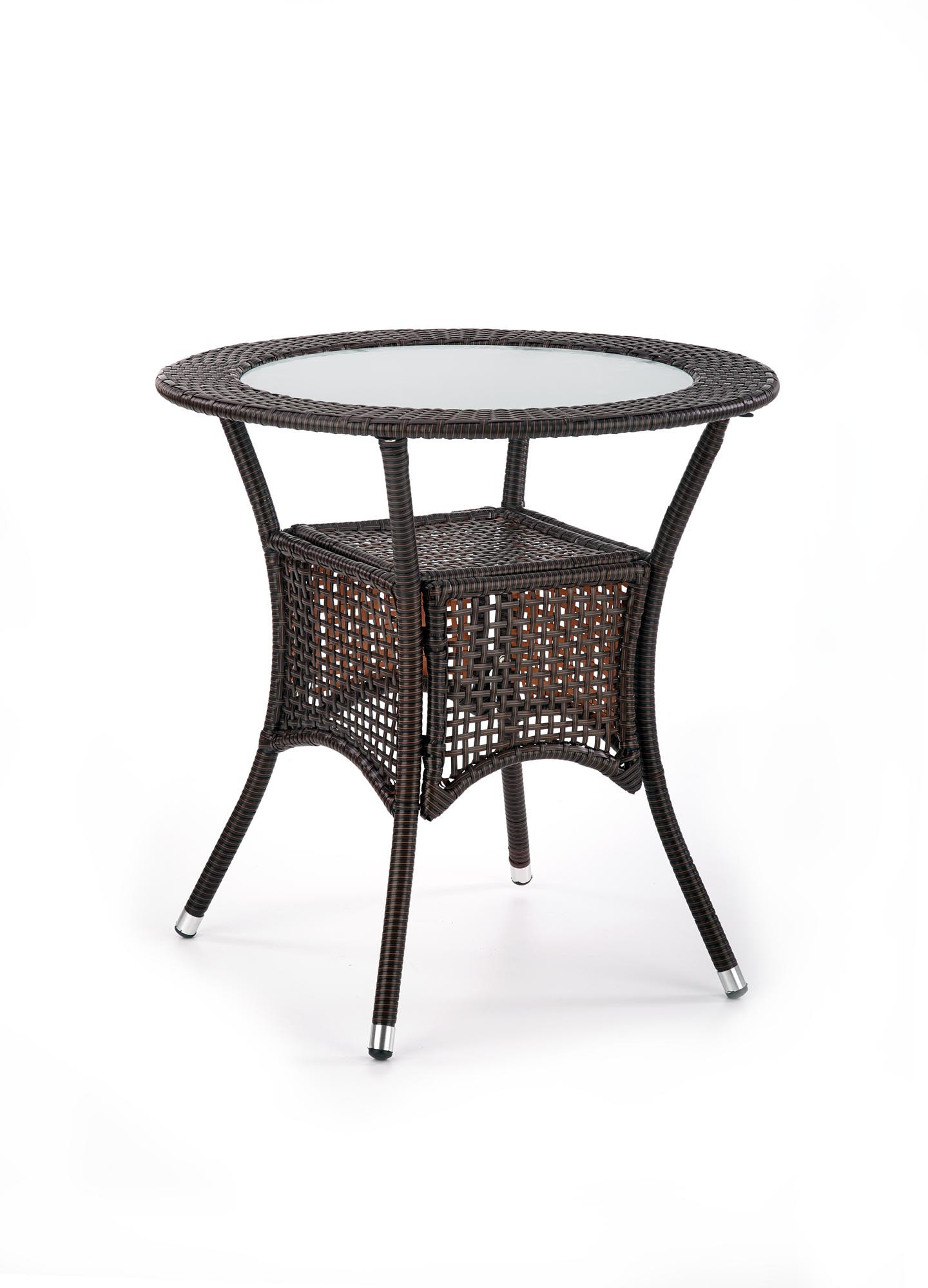 Ciemnobrązowy rattanowy stół ogrodowy MIDAS z okrągłym szklanym blatem – widok z przodu.