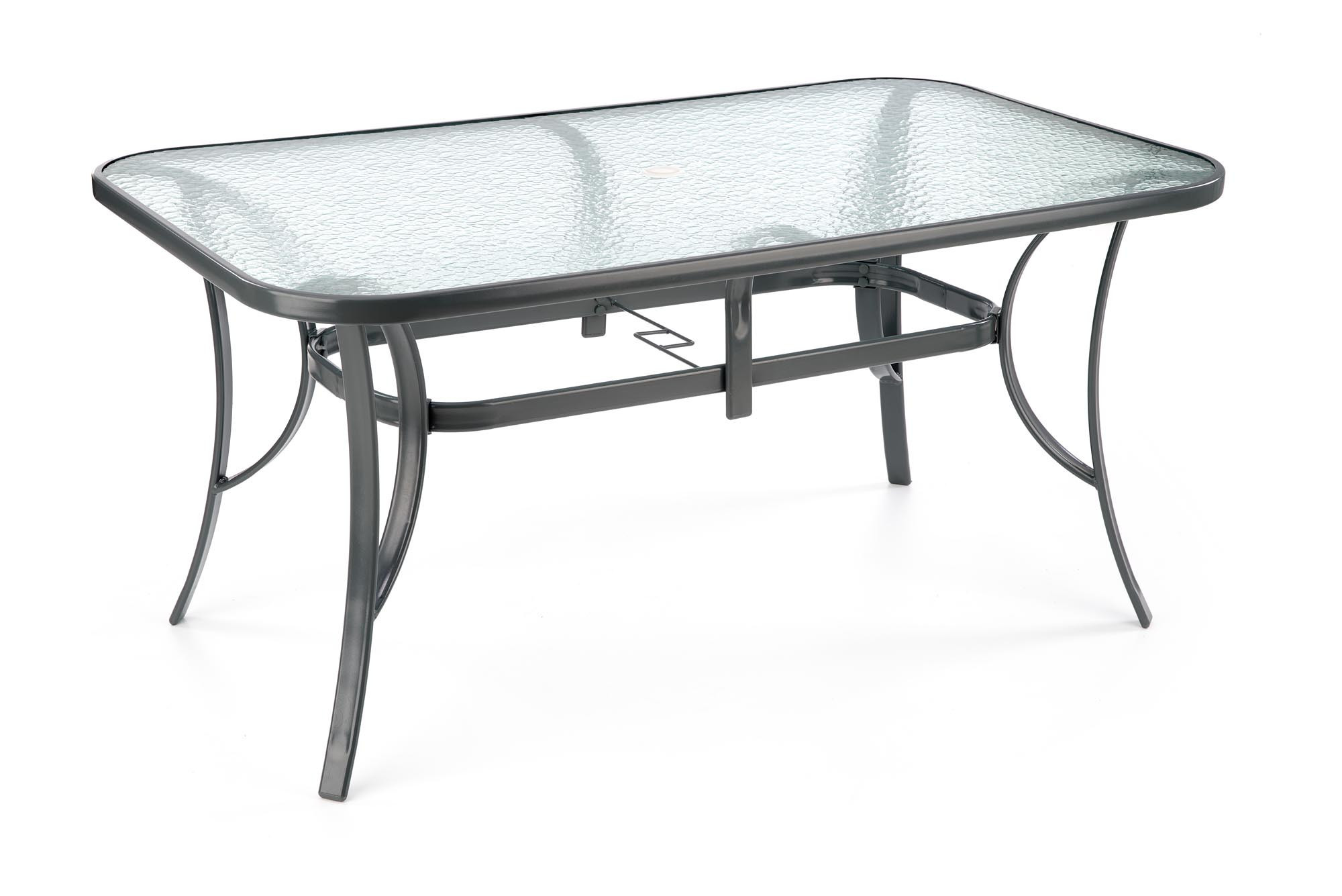 Szklany stół ogrodowy MOSLER w kolorze popielatym – widok z przodu.