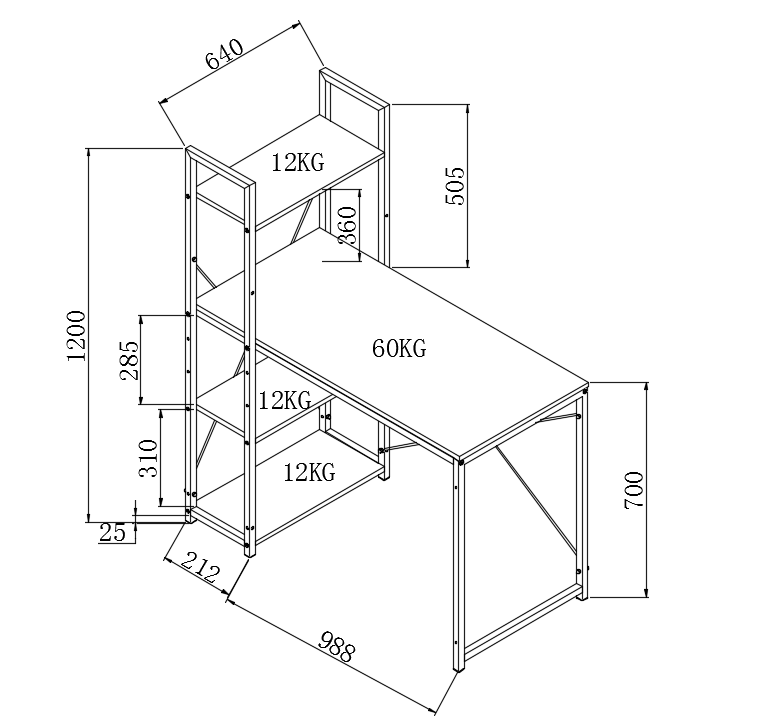 Wymiarowanie loftowego biurka NARVIK B1 z półkami z dębu sonoma i czarnym stelażem – widok z boku.