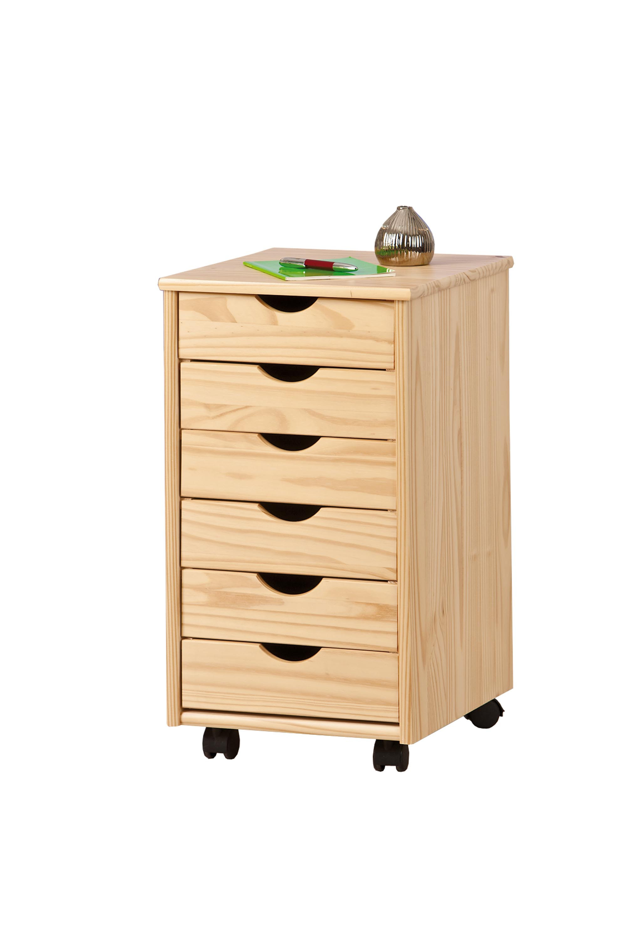 Drewniany kontenerek na kółkach NILS z sześcioma szufladami – widok z przodu.