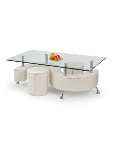 NINA 3 H Ława Szklana 130/70/55 cm z Dwiema Pufami Biała