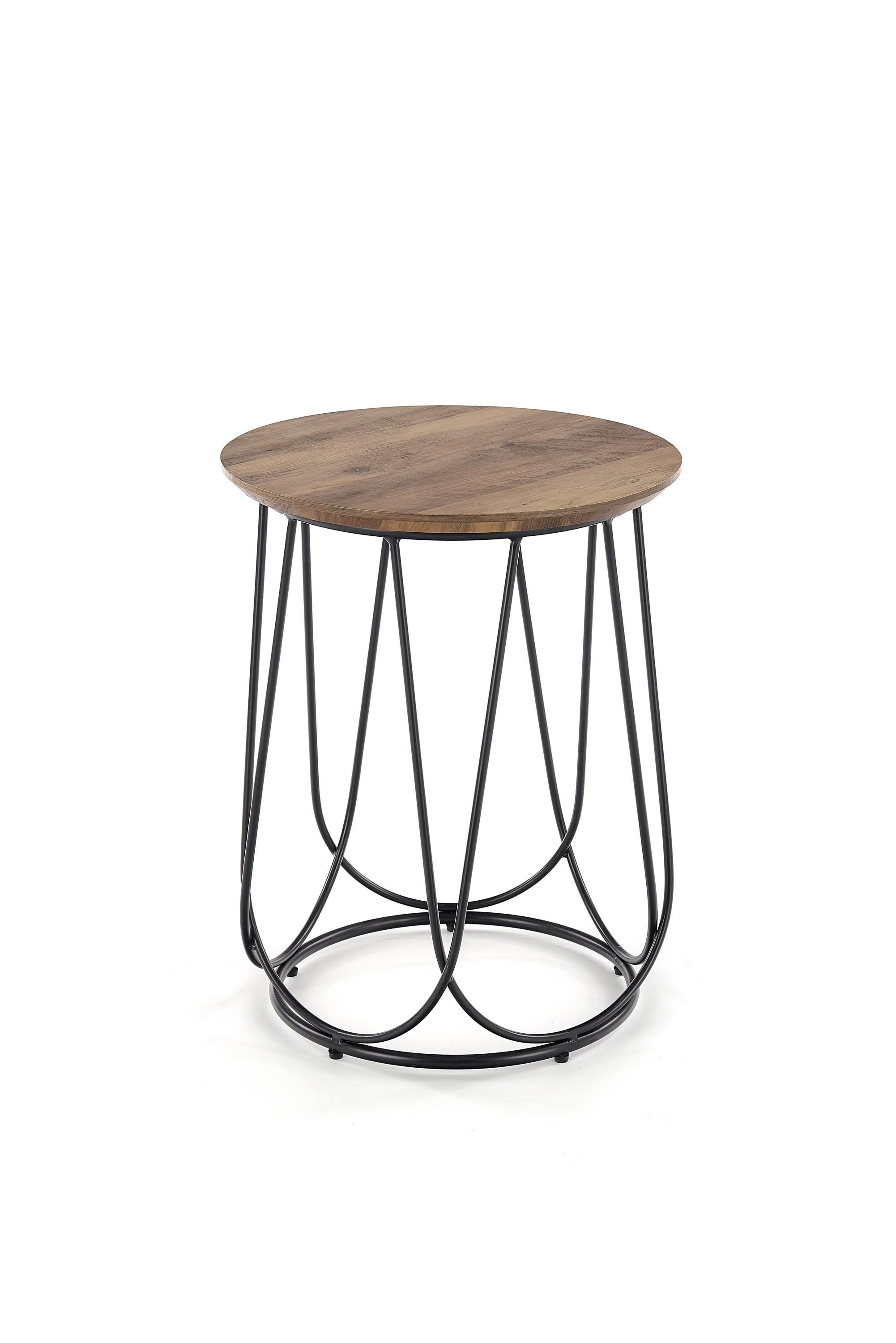 Detal orzechowego blatu stolika NUBIRA S z czarną ażurową podstawą.