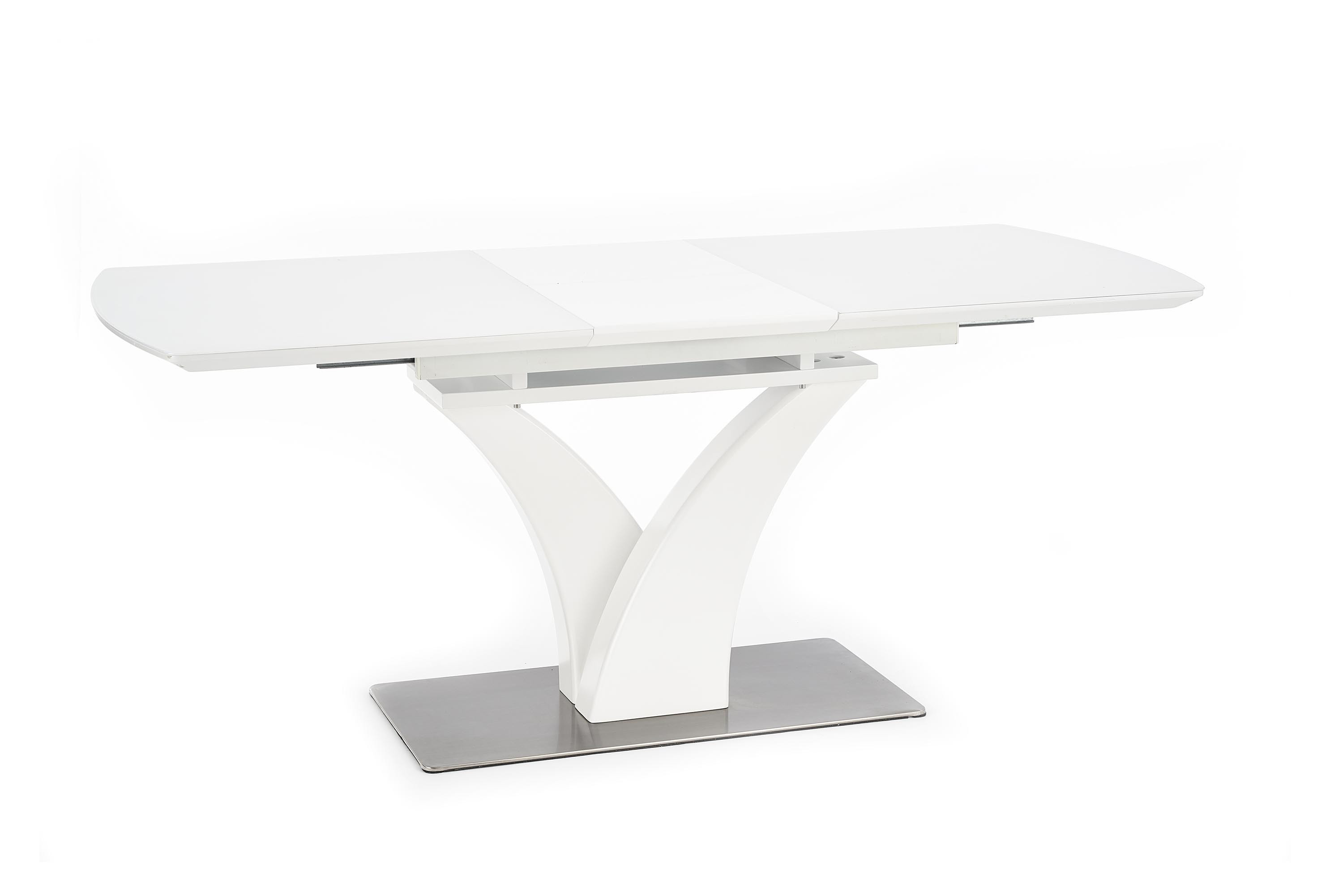 Rozkładany stół szklany PALERMO w białym macie – widok z boku.