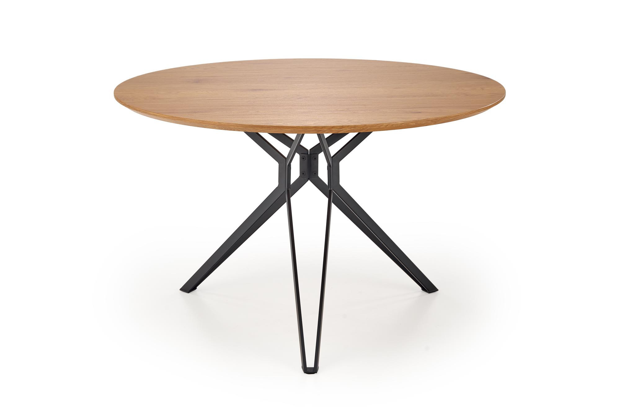 Okrągły stół PIXEL 2, dąb złoty, czarne nogi – widok z przodu.