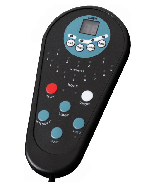 Zbliżenie na pilot do fotela masującego PULSAR 2 z przyciskami sterującymi i wyświetlaczem timer.