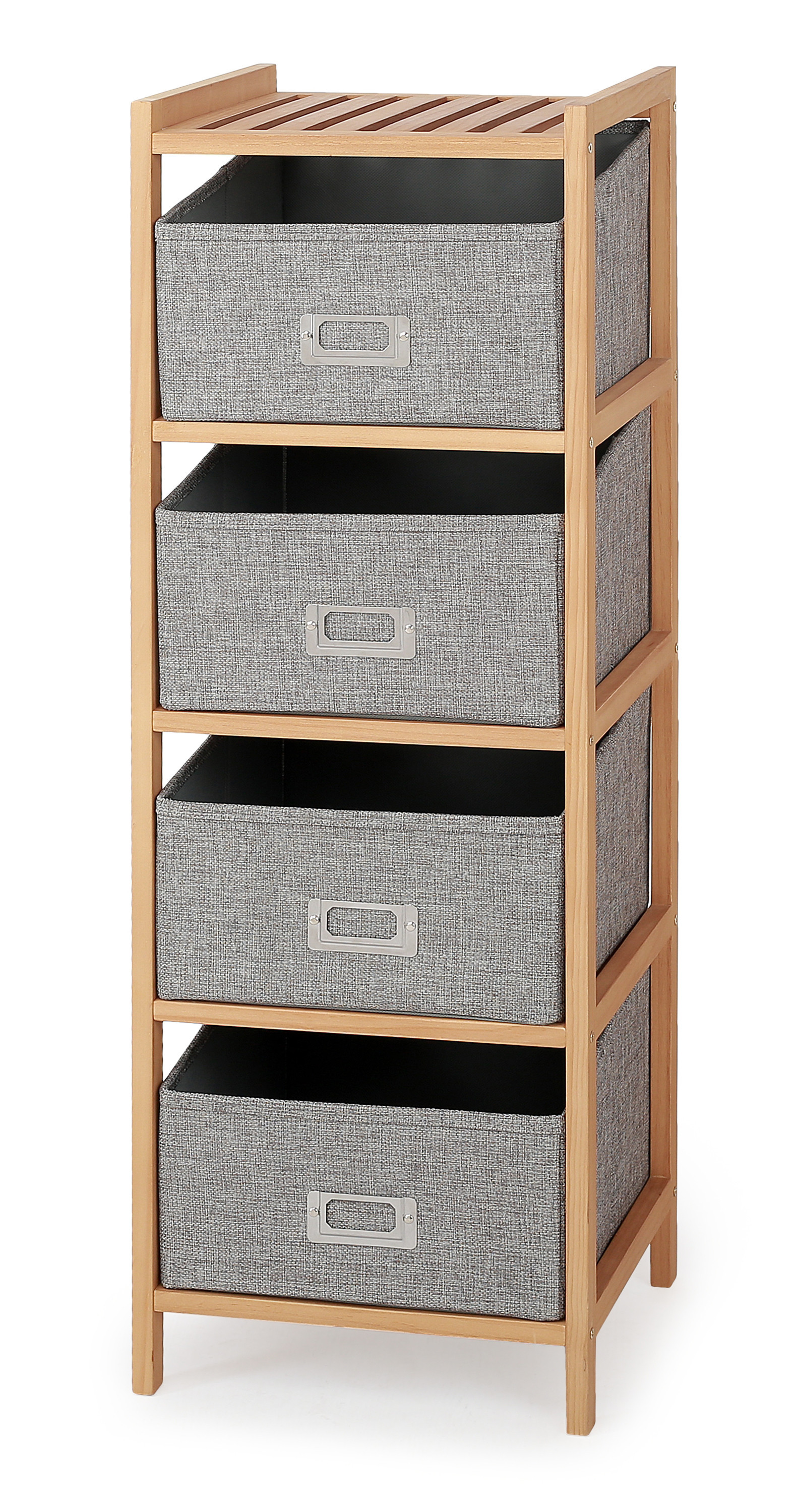 Regał drewniany REG10 z szufladami w kolorze naturalnym i popielatym – widok z przodu.