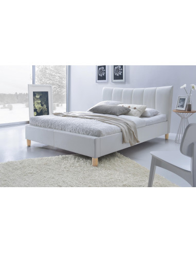 SANDY Łóżko Pikowane 160x200 cm Eco Skóra Biała/ Drewno Lite Bukowe