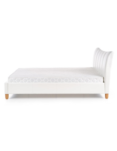 SANDY Łóżko Pikowane 160x200 cm Eco Skóra Biała/ Drewno Lite Bukowe