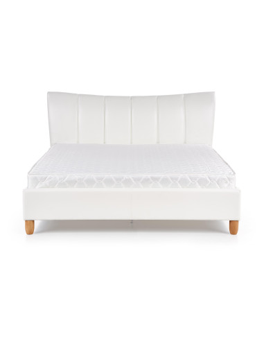 SANDY Łóżko Pikowane 160x200 cm Eco Skóra Biała/ Drewno Lite Bukowe