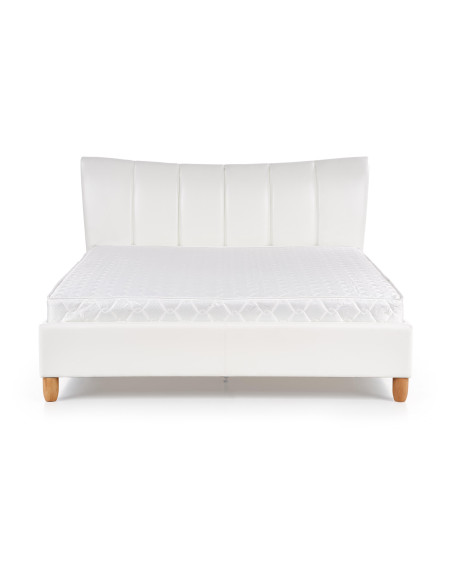 SANDY Łóżko Pikowane 160x200 cm Eco Skóra Biała/ Drewno Lite Bukowe