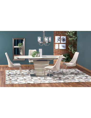 Stół rozkładany MARESOL 140-180 cm szkło / MDF / stal nierdzewna - beżowy