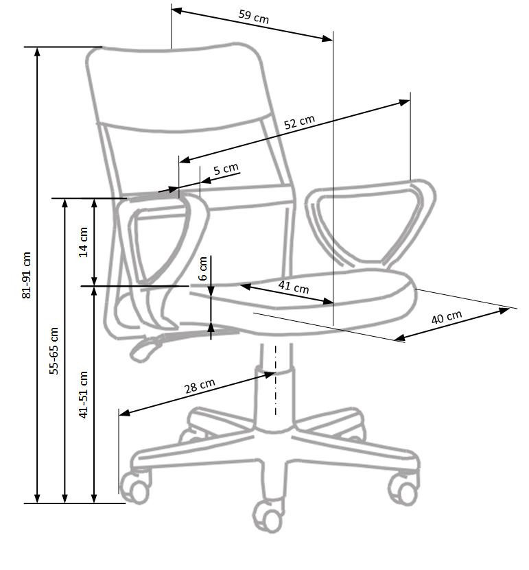 Wymiarowanie popielato-turkusowego fotela młodzieżowego TIMMY – widok z boku.