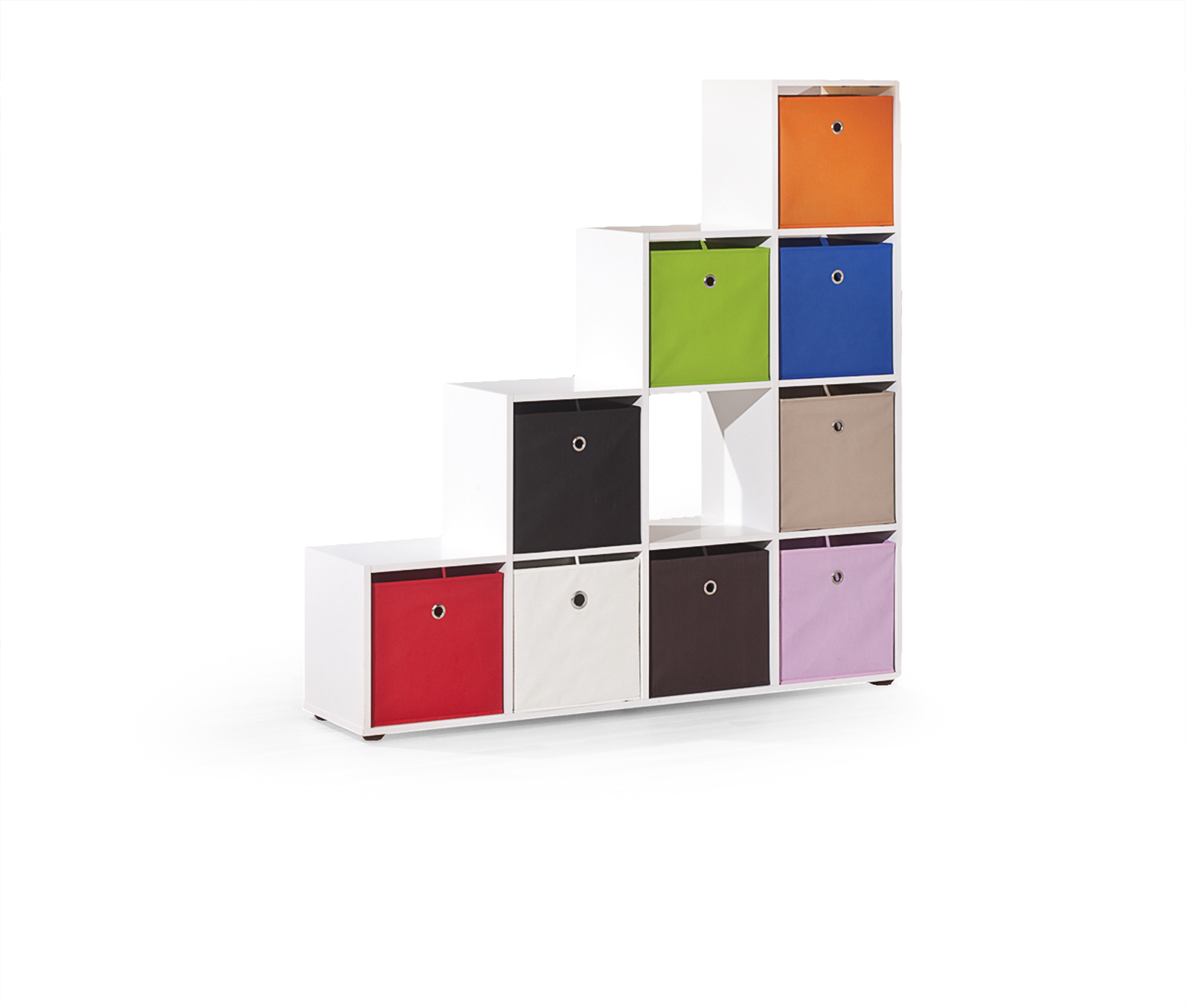 Regał CABOTO biały z kolorowymi półkami widok z przodu.