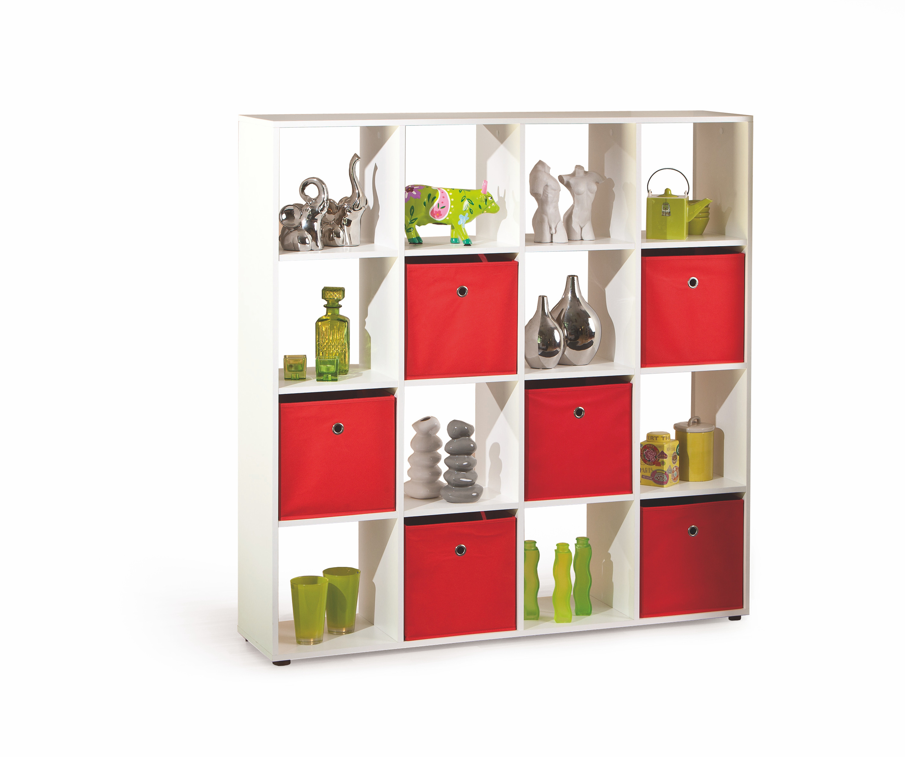 Regał CABOTO 16 biały z czerwonymi półkami, widok z przodu.